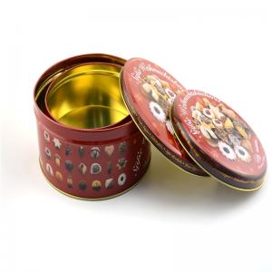 Individuell bedruckte runde Keksdose mit Präge-Logo