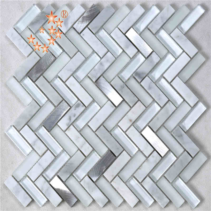 GroßhandelsFischgräten-gewellte Blatt-Form-Weiß-Glasmosaik-Fliese für Küche-Badezimmer-Wände
