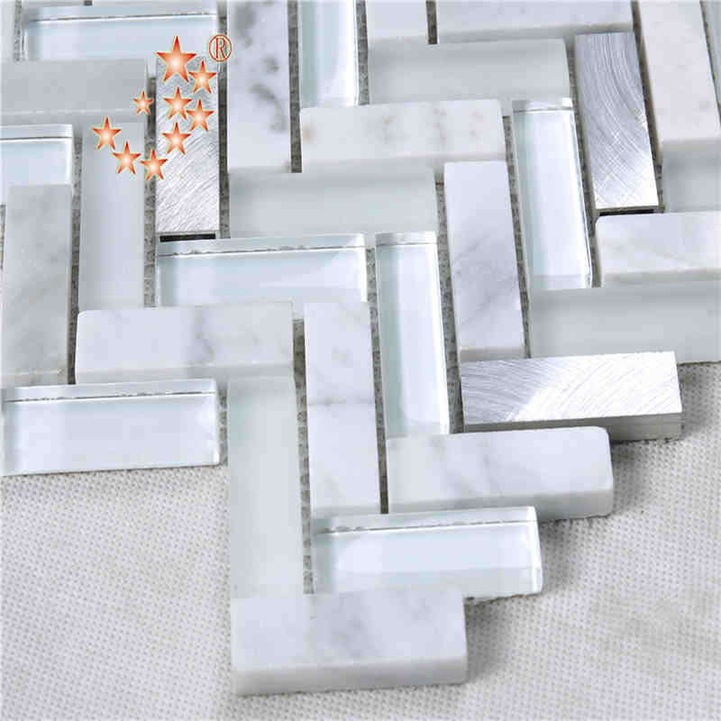 GroßhandelsFischgräten-gewellte Blatt-Form-Weiß-Glasmosaik-Fliese für Küche-Badezimmer-Wände