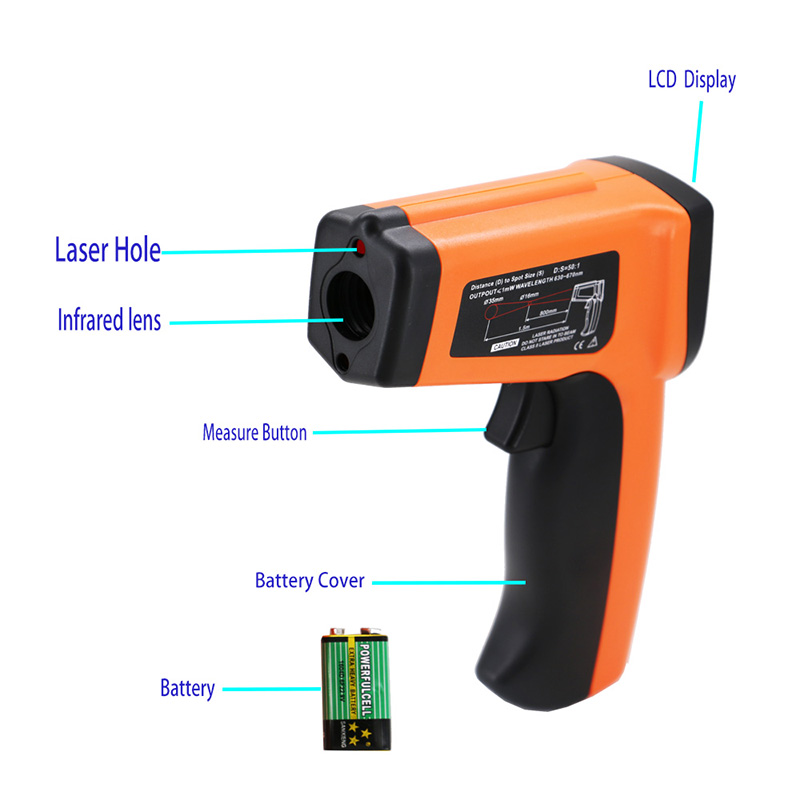 Laser-Temperaturpistole Kontakt Infrarot-Thermometer Pyrometer -50 ~ 1600 Emissionsgrad einstellbar
