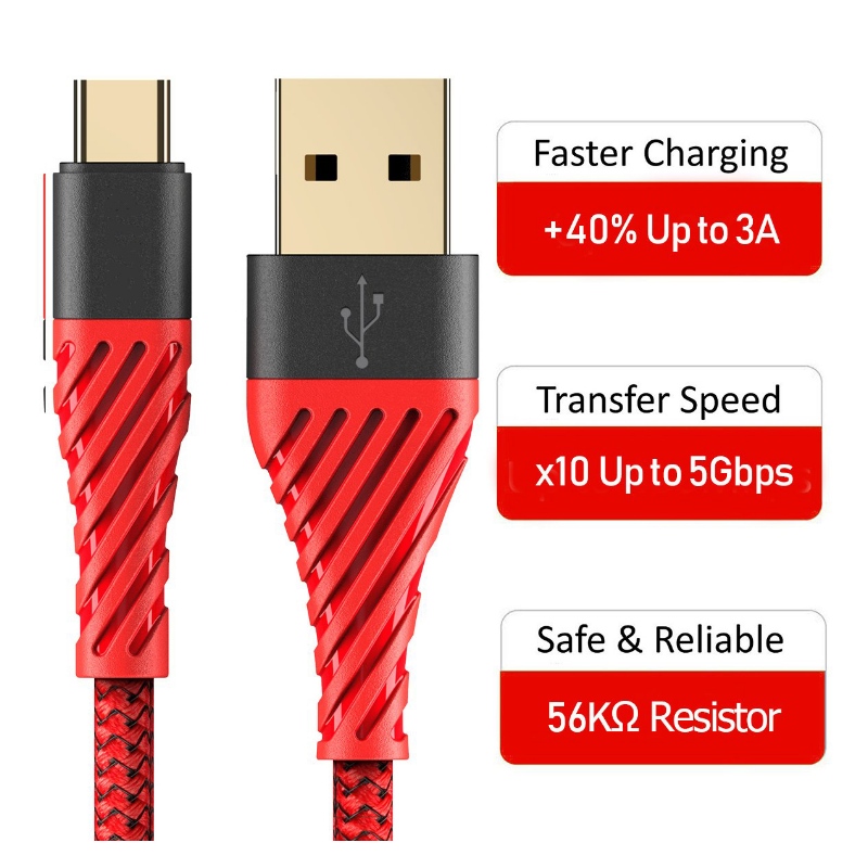 USB-C-Kabel 3.0, USB-Typ-C-Kabel Schnellladung USB-zu-Handy-Kabel für Samsung Galaxy S8, S9 Plus, Hinweis 8, LG V20, G6, G5, V30, Google Pixel 2 XL, Nexus 6-3-Pack Rot