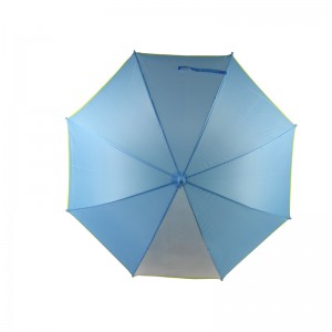 Ein Panel sieht durch blauen Regenschirm
