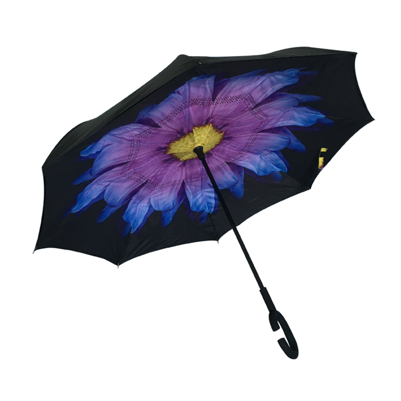 2019 Automatischer Autoschirm offen Umkehrbarer Schirm mit Blumendruck