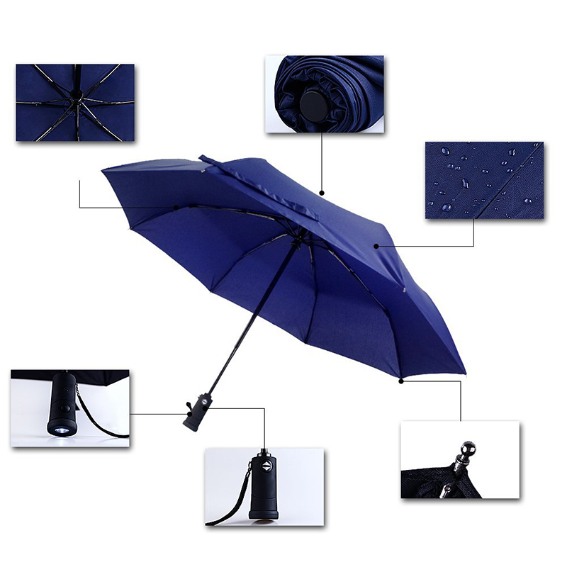 Regnerischer starker wasserdichter 3-fach Regenschirm mit LED-Taschenlampe