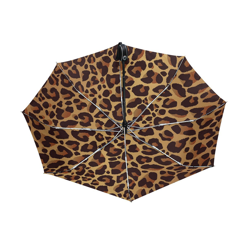 Leopard-Druck 2-teilige Fiberglasrippen winddichtes automatisches Öffnen und Schließen 3 faltbarer Regenschirm