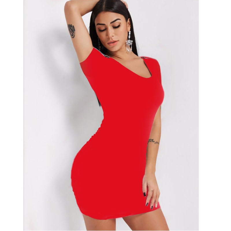 Sexy Low-Cut Kurze Ärmel Reißverschluss-Schlauchkleid Clubwear Mini, figurbetontes Kleid N19007