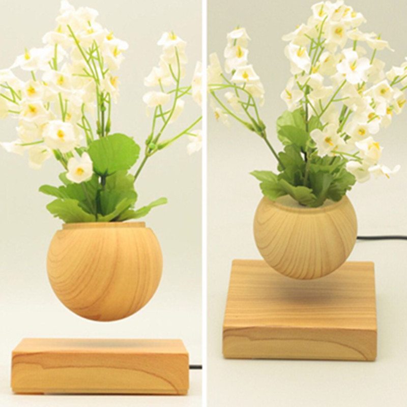 Schwebende Luft Bonsai-Blumentopfpflanzer mit quadratischem Holzsockel magnetisch schwebend PA-0707