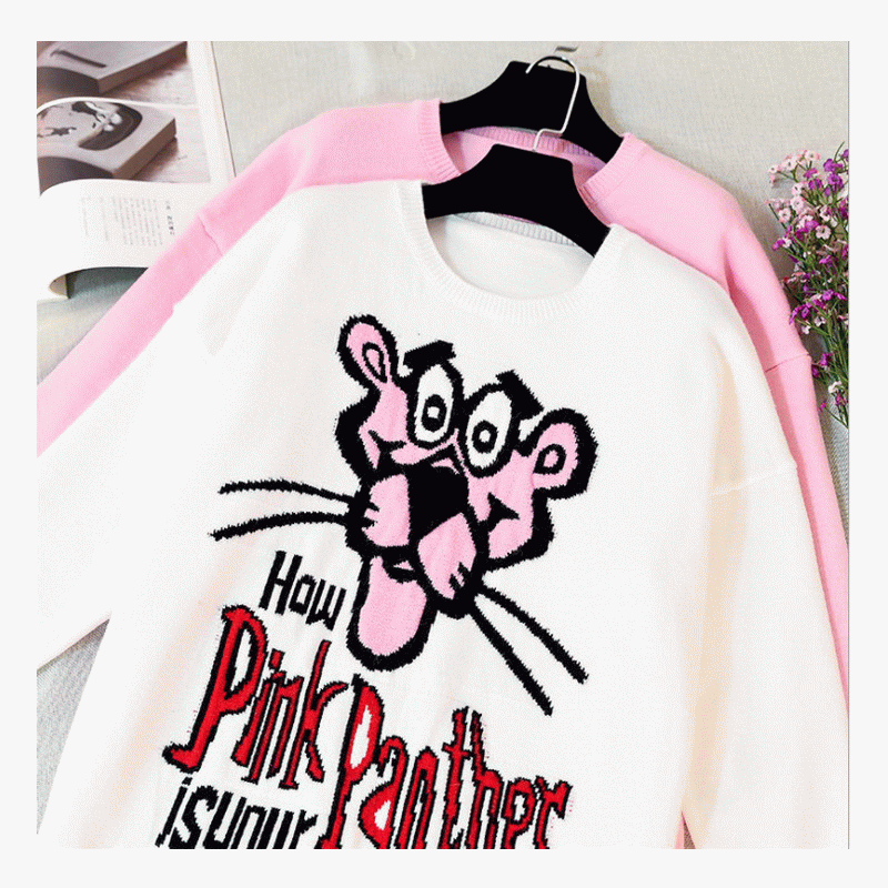 2019 neueste Pullover Design Pink Panther Jacquard Damen Strickpullover Kleid