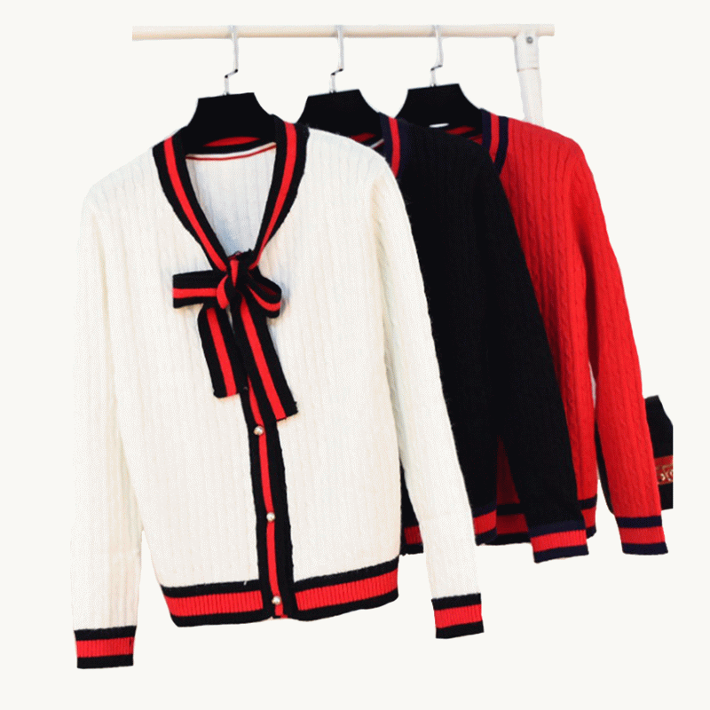Großhandel Cardigan gestreiften Kanten mit Schmetterlingsknoten Damen Herbst Winter Pullover