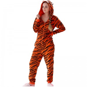 Frauen Mikrofaser Fleece Kapuze Tiger Onesie Pyjama Anzug