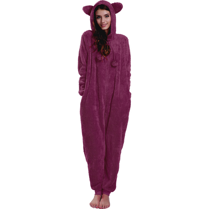 Frauen-rote Onesie-Pyjamas mit Kapuze mit den Tierohren