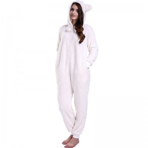 Frauen Creme Onesie Pyjamas Mit Kapuze Mit Tierohren