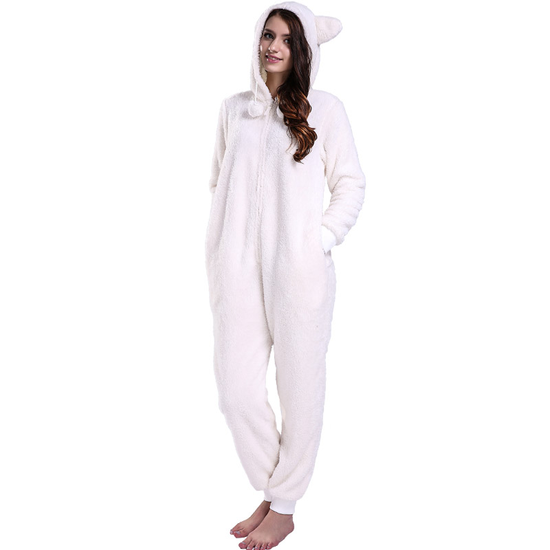 Frauen Creme Onesie Pyjamas Mit Kapuze Mit Tierohren