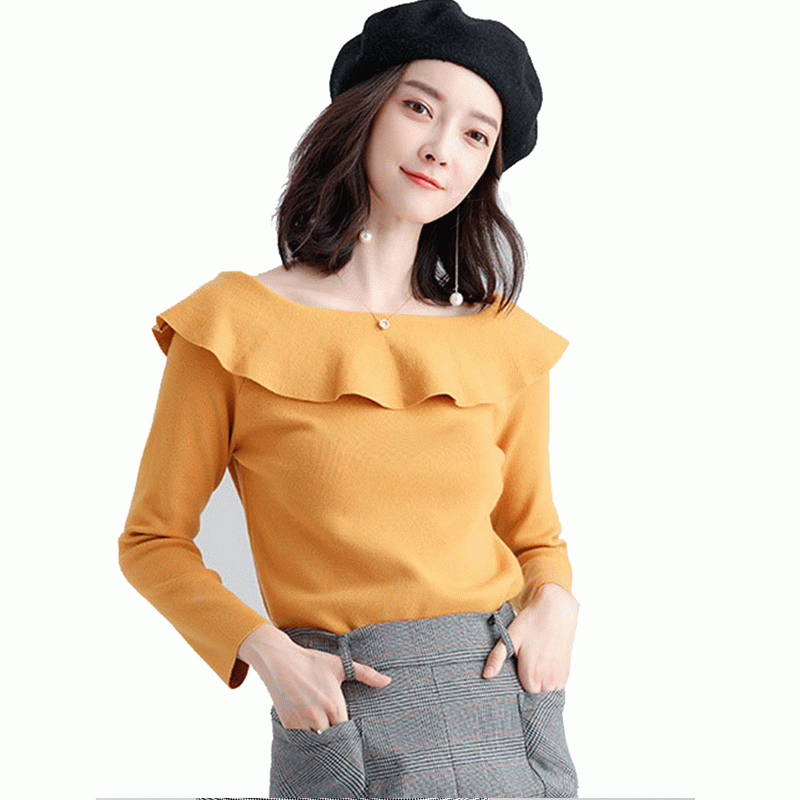 100% Baumwolle Damen Strickpullover mit Rüschenkragen
