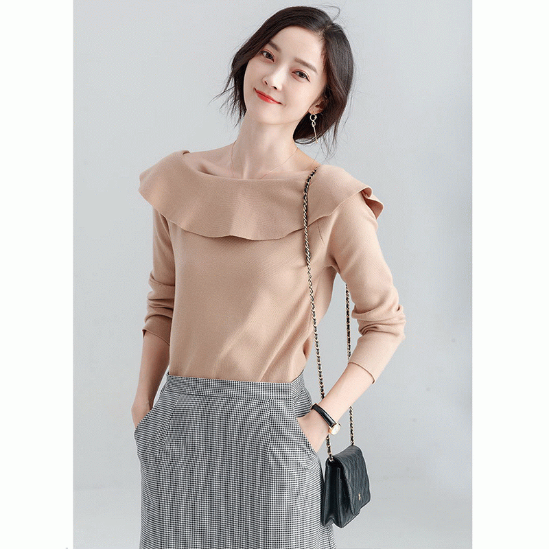 100% Baumwolle Damen Strickpullover mit Rüschenkragen