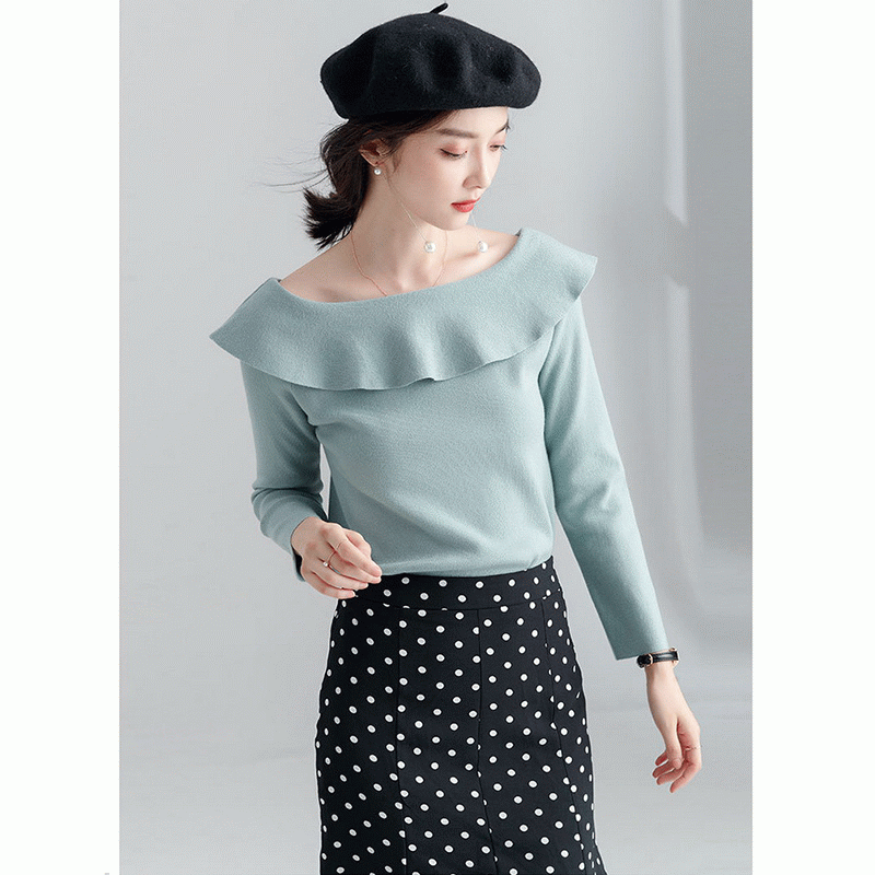 100% Baumwolle Damen Strickpullover mit Rüschenkragen
