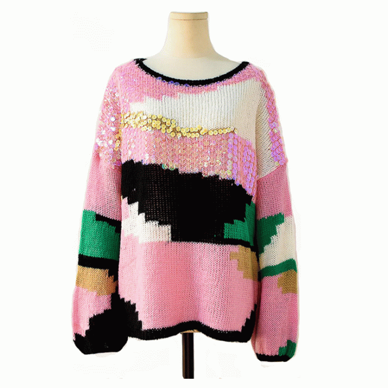 2019 handgemachte genähte Pailletten Applikationen Herbst Winter Mohair Pullover Pullover