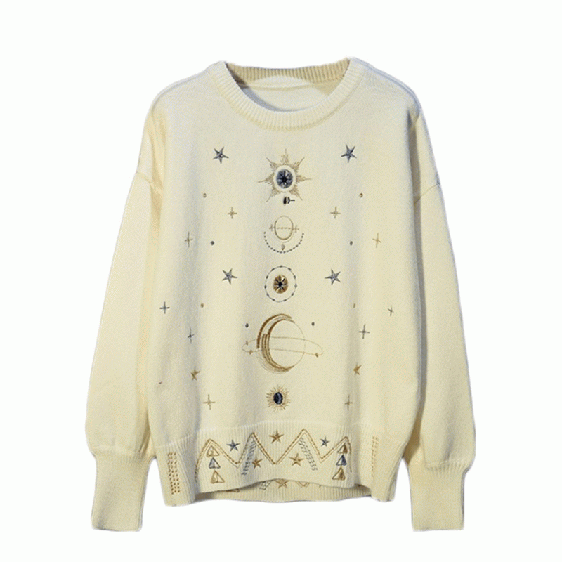 2019 Lose Schwere Arbeit Goldfell Luxy Starry Stickerei Rundhals Dicker Strickpullover