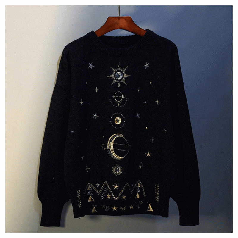 2019 Lose Schwere Arbeit Goldfell Luxy Starry Stickerei Rundhals Dicker Strickpullover