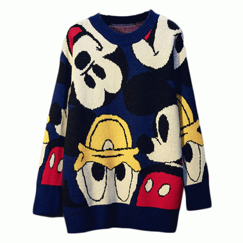 2019 lange süße Donald Duck Cartoon Muster Jacquard dicken Winter Damen Pullover Pullover