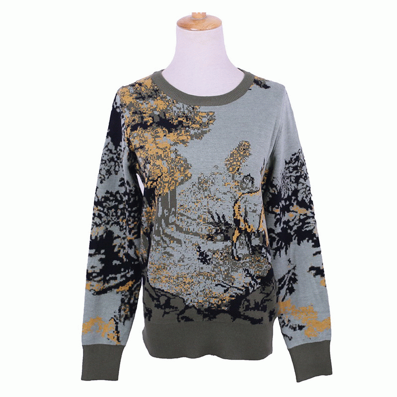 Benutzerdefinierte OEM ODM 100% Wolle Army Green Jacquard Pullover Pullover Damen