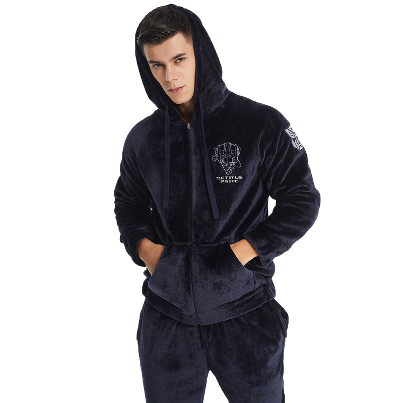 Männer Stickerei Luxus Flanell Fleece mit Reißverschluss Pyjama Set