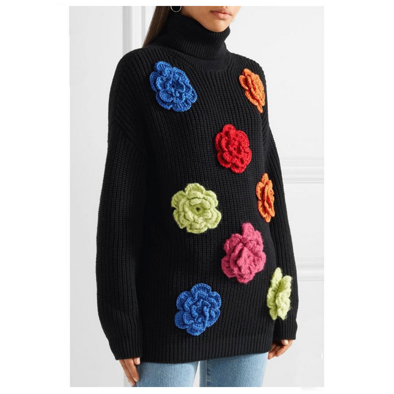 Woll Rollkragen handgemachte Blume Frauen Pullover Winter Pullover Pullover