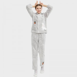 Frauen kuscheln Fleece kationische Kapuze Stickerei Pyjama Set