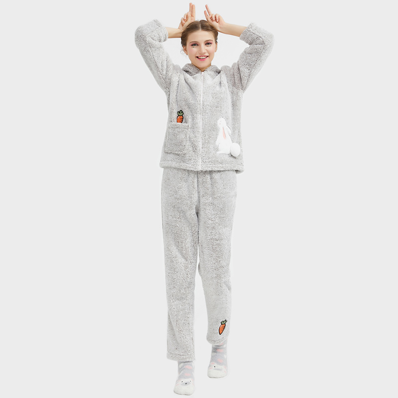 Frauen kuscheln Fleece kationische Kapuze Stickerei Pyjama Set