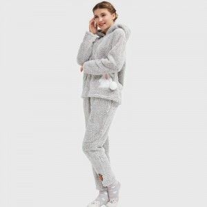 Frauen kuscheln Fleece kationische Kapuze Stickerei Pyjama Set
