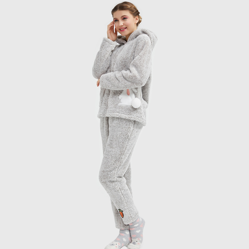 Frauen kuscheln Fleece kationische Kapuze Stickerei Pyjama Set