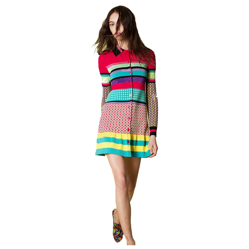 2018 Frühling Herbst Geometrie Grid gestreiften Damen Strickjacke Kleid