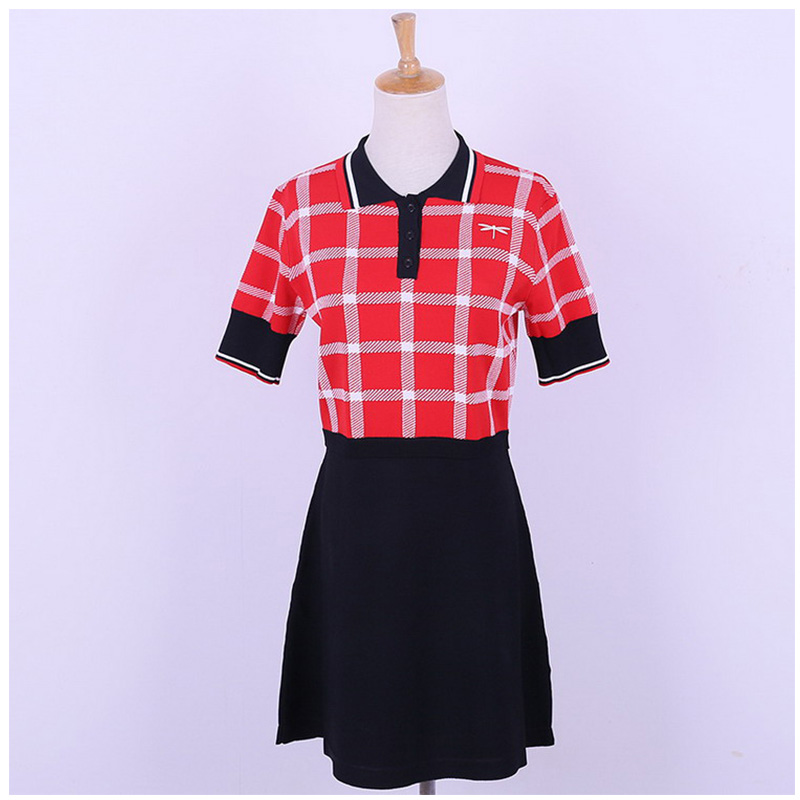 Custom Design Kurzarm Polo Kragen Kontrast Farben Plaids Büro Damen Strickpullover Kleid