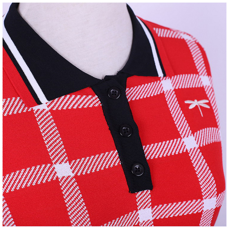 Custom Design Kurzarm Polo Kragen Kontrast Farben Plaids Büro Damen Strickpullover Kleid