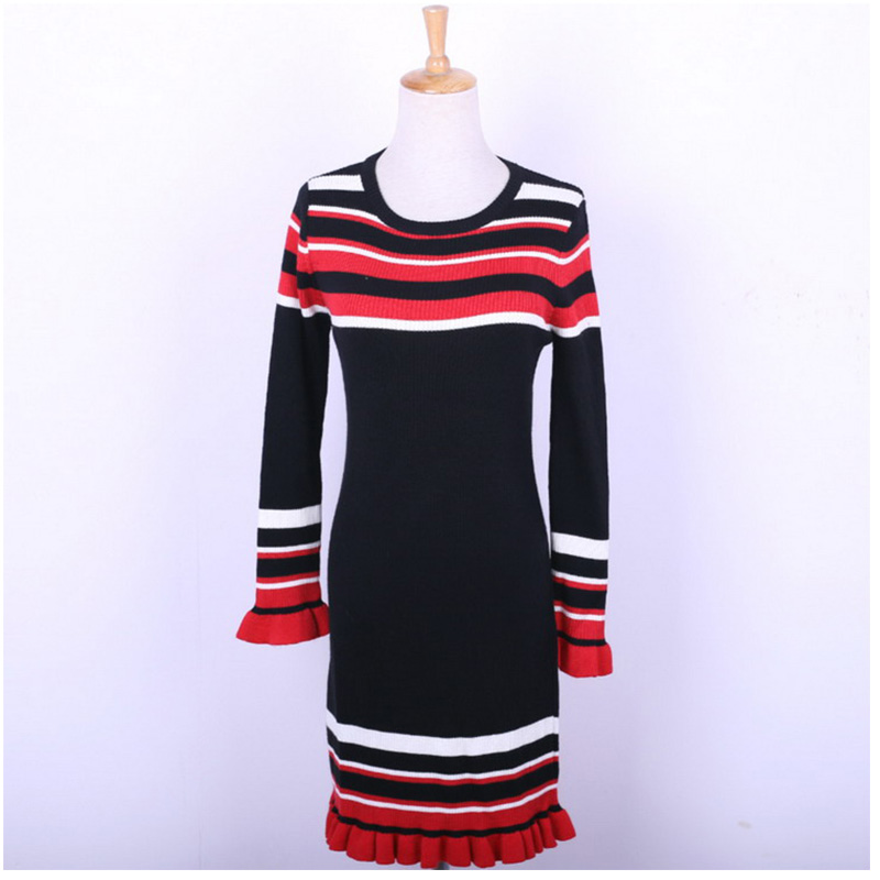 Winter Woolen Thick Flare gestreiften langen Frauen Kleid Pullover