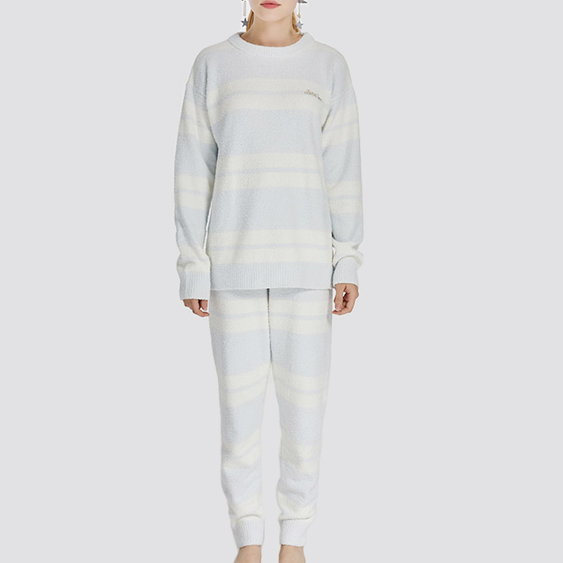 Frauen Streifen elastische Mikrofaser Fleece Pyjama Set