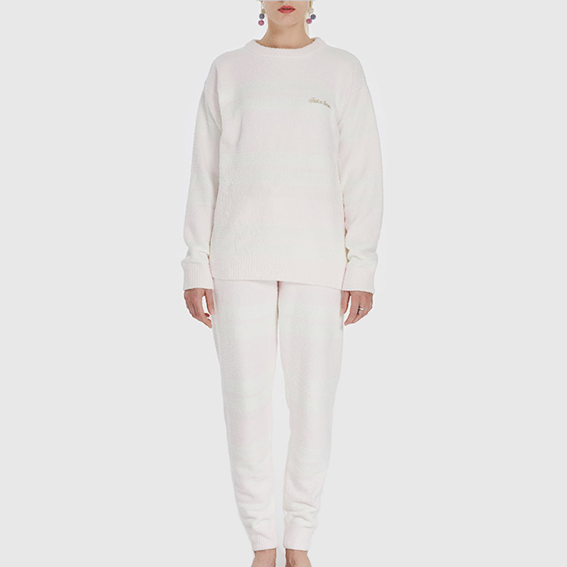 Frauen Streifen elastische Mikrofaser Fleece Pyjama Set