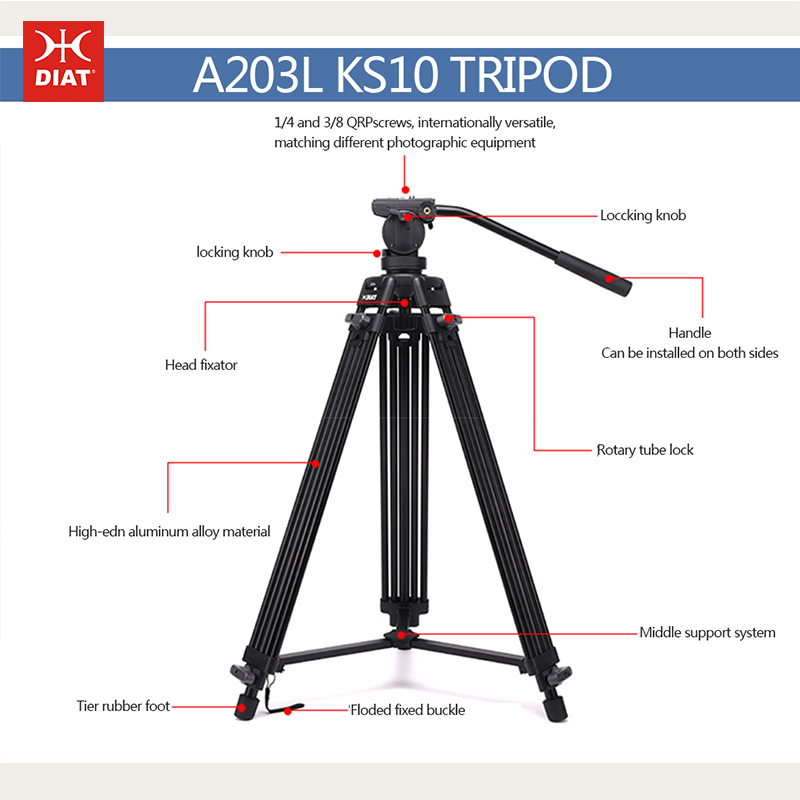 Diat A203L KS-10 Digitales Videostativ aus Aluminiumlegierung, 1,8 m hoch, 3 Teile