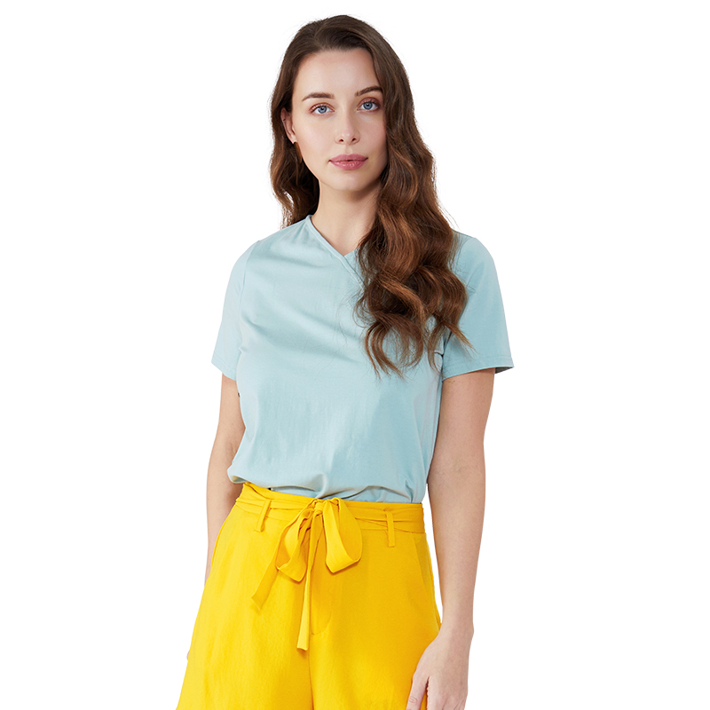 Neuestes Kleid Tops T-Shirt Lose Bluse Lady Sommer Basic Style V-Ausschnitt Spandex Pfefferminzgrün Kurzarm