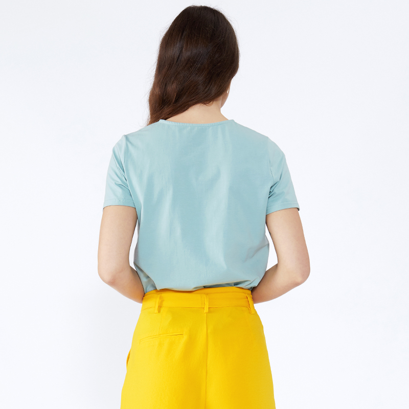 Neuestes Kleid Tops T-Shirt Lose Bluse Lady Sommer Basic Style V-Ausschnitt Spandex Pfefferminzgrün Kurzarm