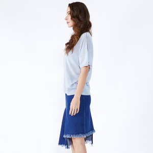 Blaues Patchwork Asymmetrischer Knielanger Jeans Midi Denim Rock JCGJ190315027