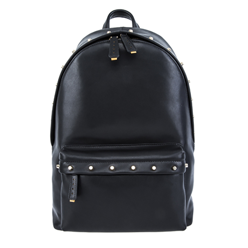 18SA-6841F Mit Nieten verzierter schwarzer Rucksack aus echtem Leder mit Reißverschlusstasche für Männer mit Laptoptasche