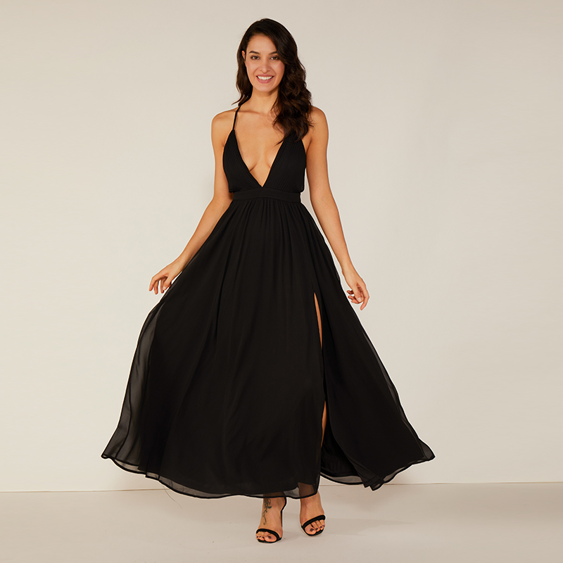 Hochwertiges tiefschwarzes Abendmaxikleid aus Chiffon mit sexy eleganten Kleidern