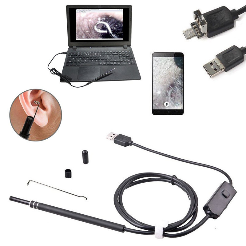 2 in 1 Endoskop-Inspektions-Ohrenschmalz-Entferner-Werkzeug 720P wasserdichte Kamera mit 6 justierbaren LED Kompatibel mit Android und iOS