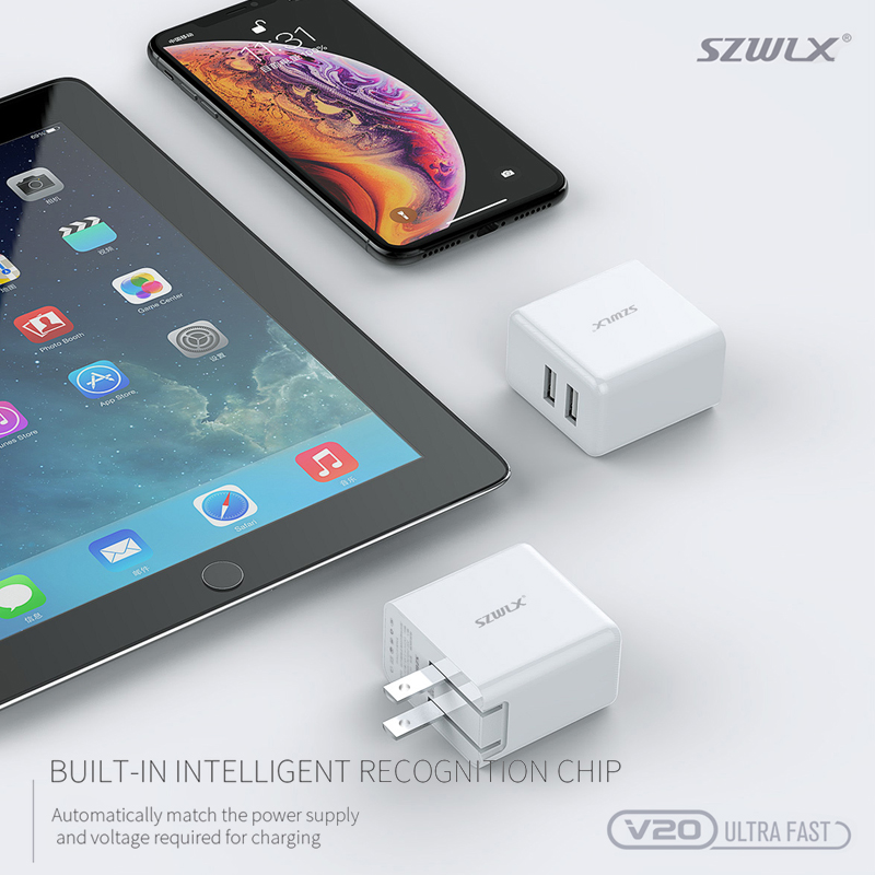 WEX V20 Dual USB -Wandlader mit Foldable Plug für iPhone X /8 /7 /6s /Plus, iPad Air 2 /mini 3, Galaxy S7 /S6 /S6 Edge, Note 5 und mehr, White