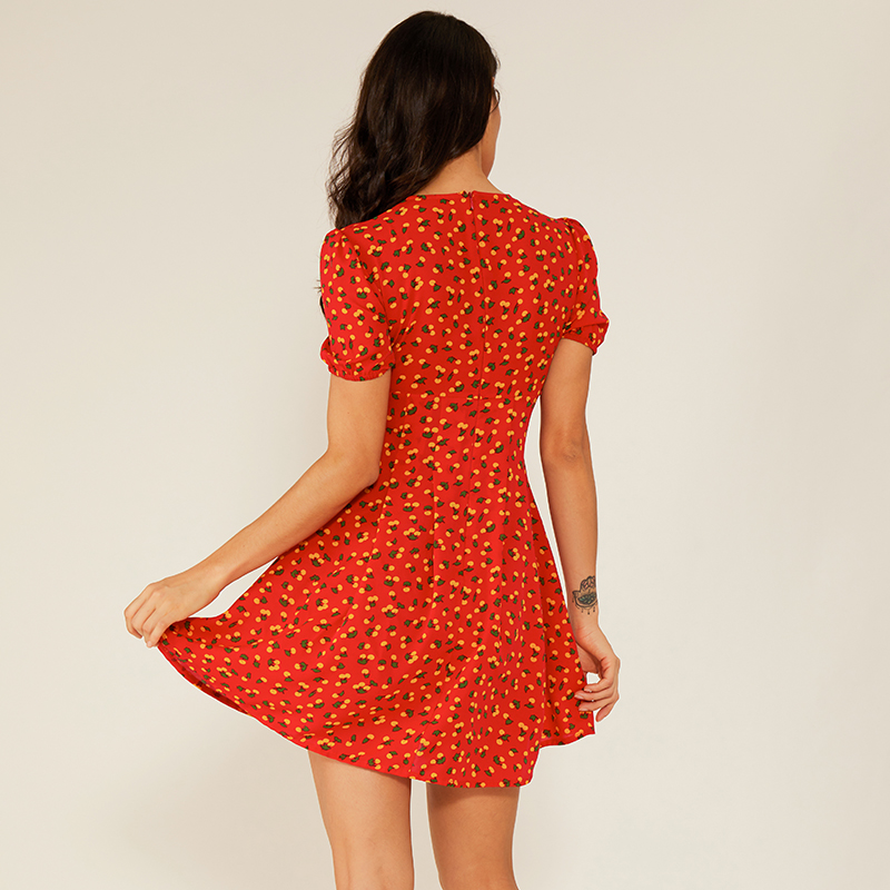 Frauen-reizvolles tiefes V-rotes Schwingen-Blumenboho-Weinlese-beiläufiges Kleid