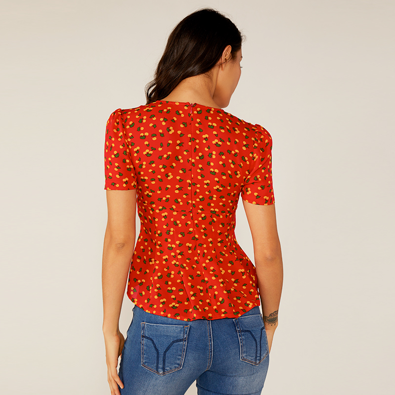 Frauen tief V Sommer rote Rüschen Floral Plissee Print Bluse