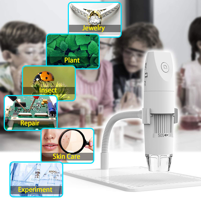 WiFi-Mikroskop 50X bis 1000X Wireless Digital-Mikroskop, flexibler Arm-Beobachtungsstand mit 1080P HD 2.0 MP 8 LED-Kamera, Mini-Handmikroskop für Android iOS PC