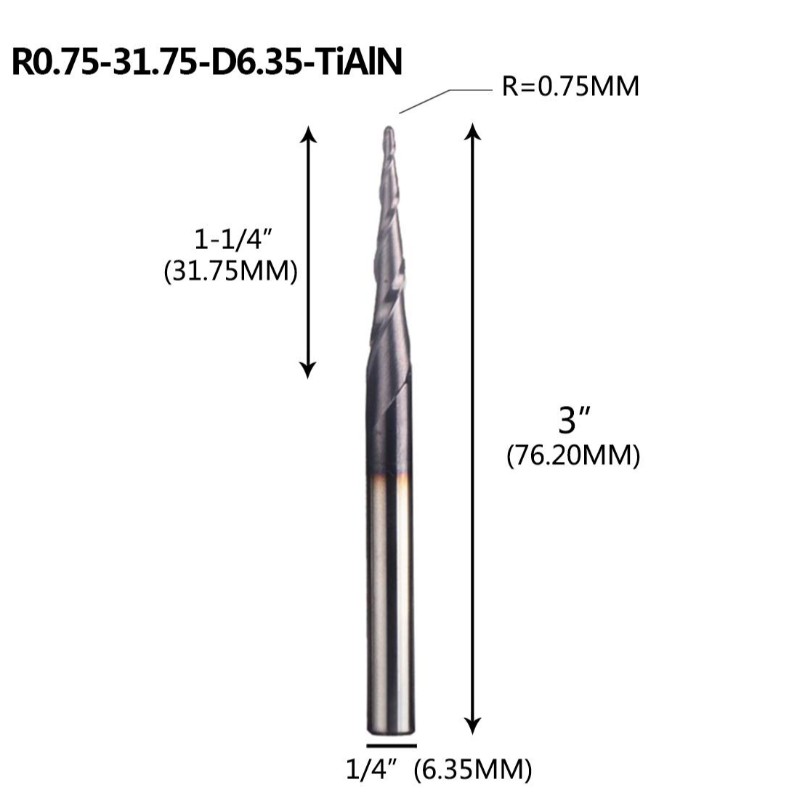 Konischer Kugelkopffräser 1/4 x 3 Zoll mit 0,75 mm Kugelkopffräser 4,36 Grad für CNC-Maschinengravuren