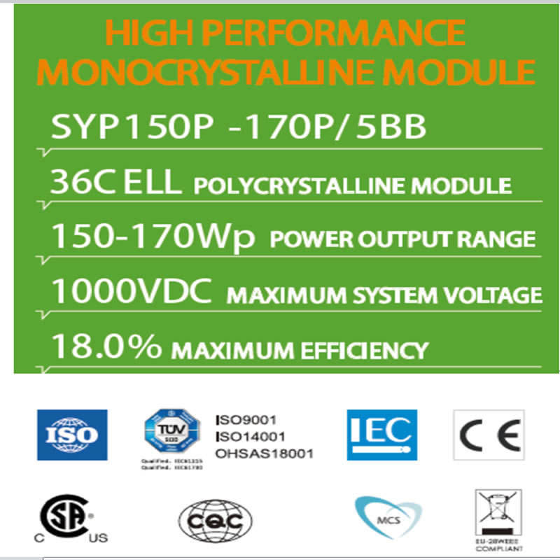 HOCHLEISTUNGS-MONOKRISTALLINES MODUL SYP150P -170P / 5BB 36C ELL POLYCRYSTALLINES MODUL